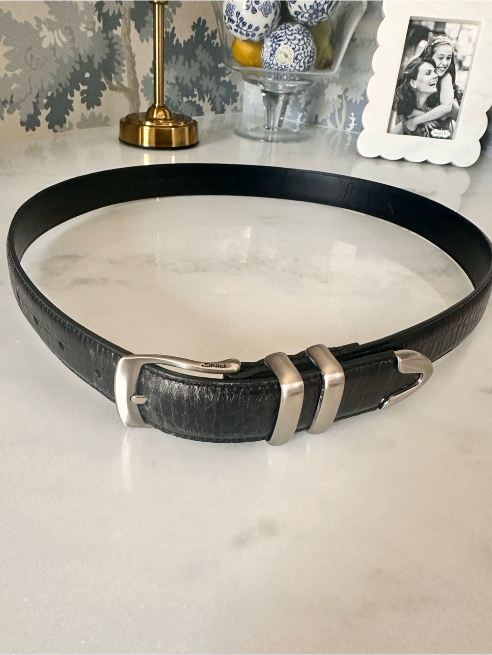 Ping Brown Leather Belt with Brushed Silver Buckle and Double Loops